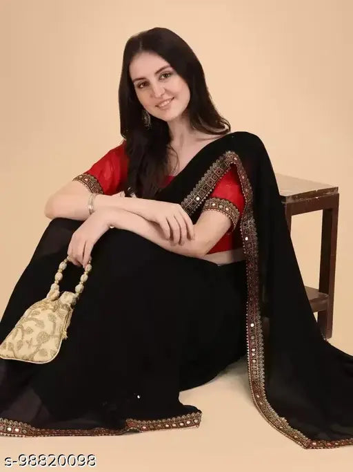 Red and black Georgette sari with embroidered borders