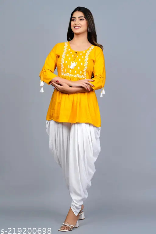 Rayon TunicDhoti set, three-quarter sleeves for women's ethnic fusion wear, Indian-made, S-XXXL sizes available