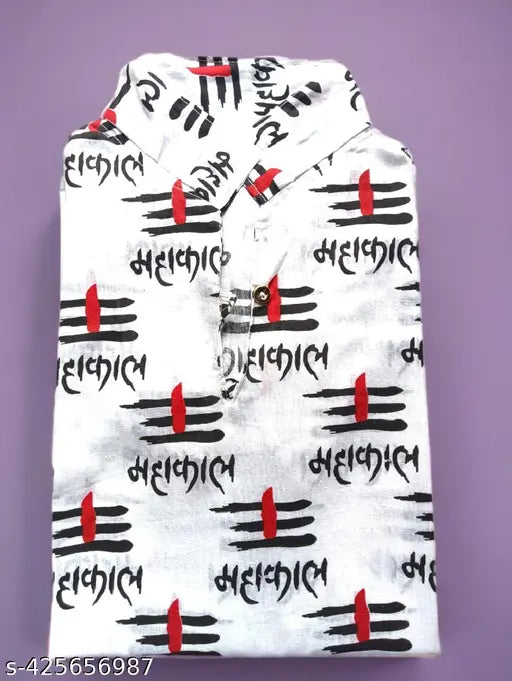 100% cotton Dhanya Mahakal printed men's short kurta, comfortable attire suitable for any occasion, button-front design, size options available, Made in India
