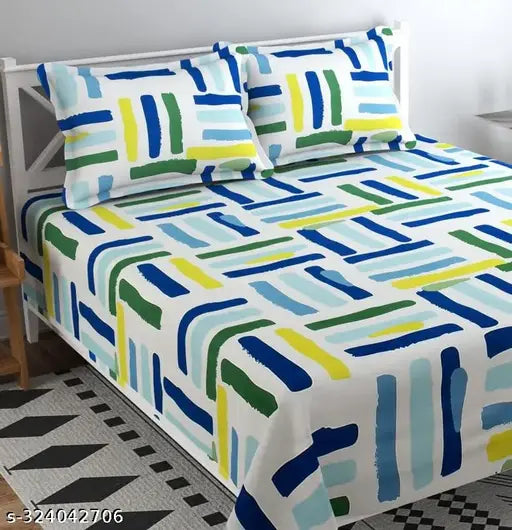 White abstract pattern 200TC superfine cotton double bedsheet with 2 pillow covers, ideal for summer adult use, made in India
