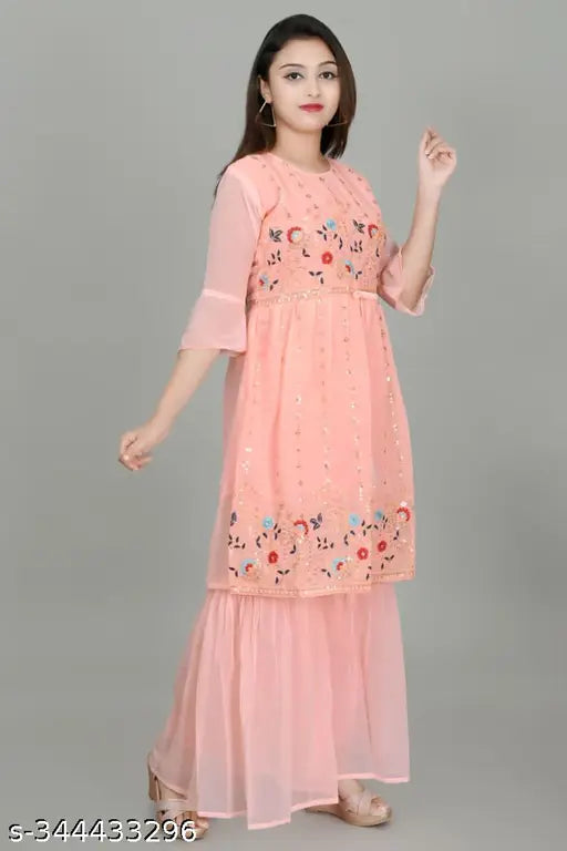 Embroidered chiffon anarkali palazzo dress for girls, modern design without dupatta, size 8-9 years
