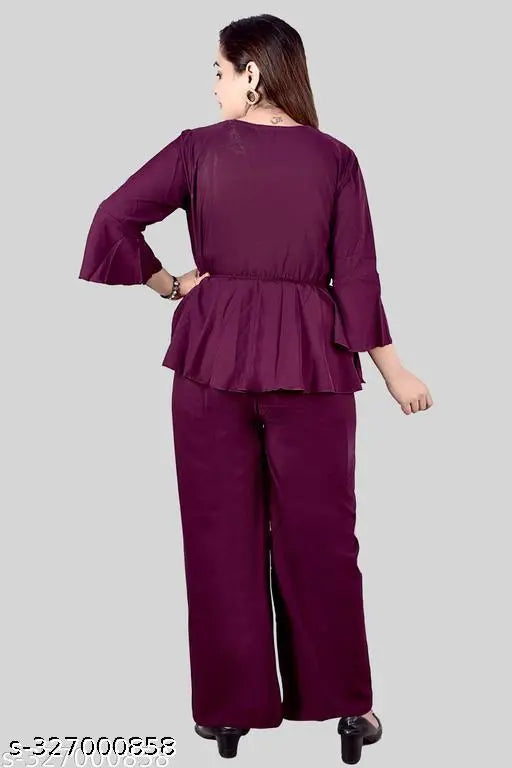 Modern elegance women's crepe western top & bottom set, three-quarter sleeves, captivating design. Indoor fashion accessory on mannequin. Made in India