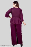 Modern elegance women's crepe western top & bottom set, three-quarter sleeves, captivating design. Indoor fashion accessory on mannequin. Made in India