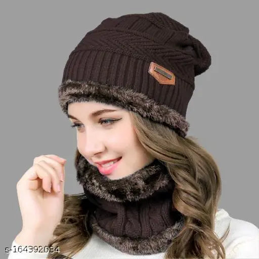 Brown fur trimmed beanie hat with brown faux fur on cap