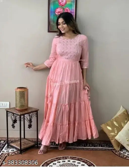 Long, rayon anarkali kameez dress with ari embroidery