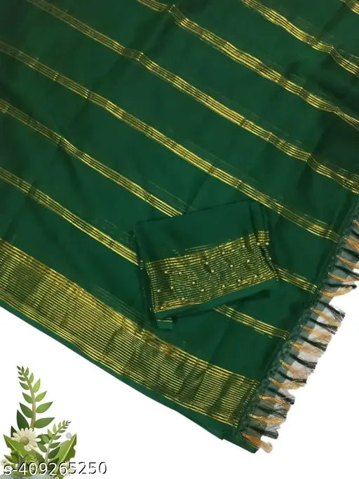 Green Kanjiwaram Banarasi Satin Silk Saree with Stitched Black Chiffon Blouse - Elegant Striped Moti Work Design