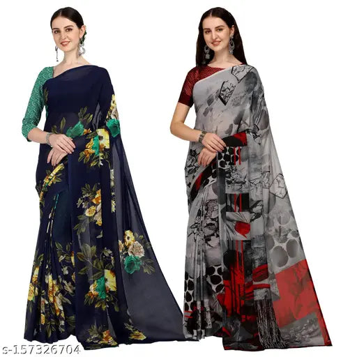 Printed daily wear Georgette sarees with separate blouse piece, Banarasi silk and jacquard pattern, India