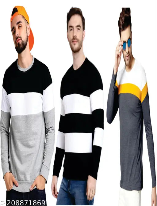 Indian-made men's striped long-sleeve cotton t-shirt combo (L: 40in chest, 28in length; XL: 42in chest, 29in length)