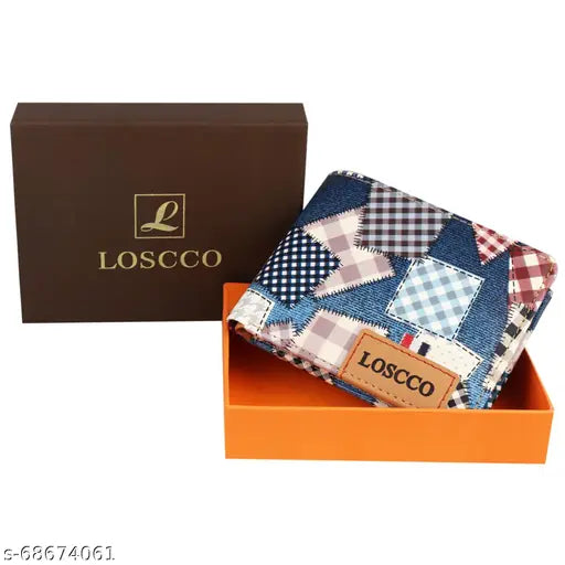 Blue faux leather men's wallet with 2 compartments, printed net pattern, and stitching detail