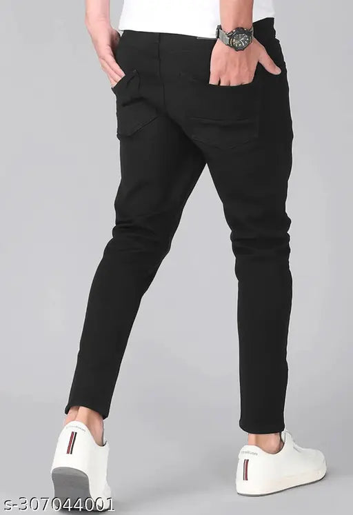 Elegant black denim slim fit jeans for men, brand POKHINDA, new with stretchable fabric and fashionable design. Size options available: 28, 30, 36 (waist 28/30/36, length 38 in, hip 35/37/43 in). Made in India
