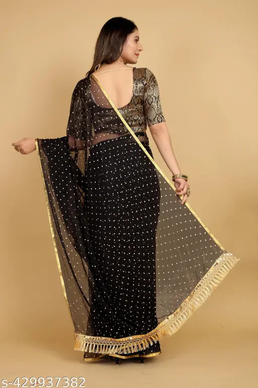 Embellished black chiffon saree with brocade blouse, printed pattern and self-design matching piece, trending party wear for festivals like Diwali, Durga Puja, Raksha Bandhan, Navratri. Indian origin. Free size (Saree length: 5.5m, Blouse length: 0.8m)