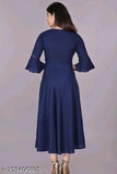 Navy blue rayon round flared bell sleeves kurti, three-quarter sleeves, solid design, hand wash/machine washable, casual and formal wear, country of origin: India