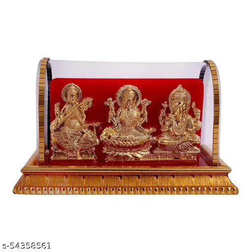 Gold-plated Laxmi Ganesh Murti Ma Saraswati idols for home decor, pooja room, living room or office