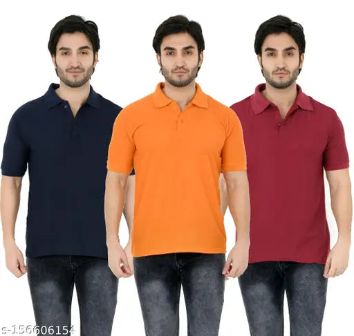 Matty fabric, polycotton polo collar t-shirts - pack of 3, India origin, solid style for men's casual wear