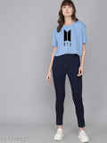 Blue cotton blend BTS printed cropped t-shirt for women, perfect daily wear or parties