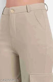 Tan cotton cargo pants with multiple pockets, adjustable waistband