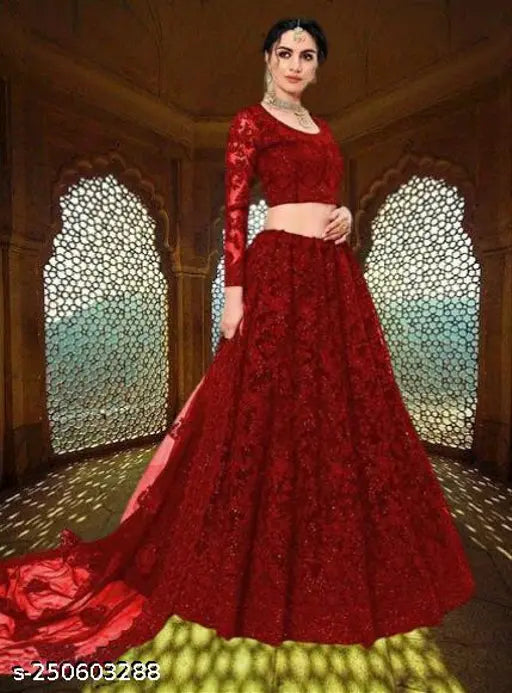 Trendy net embroidered lehenga choli, semi-stitched Indian ethnic wear for women's parties & festive events. Free size (Waist 42in, Length 44in, Duppatta 2.1in)
