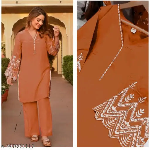 Rayon embroidered kurta set with lace, beautiful embellishments, and long sleeves. Sizes available: S-XXXL. Indian handcrafted fashion for everyday wear or special occasions