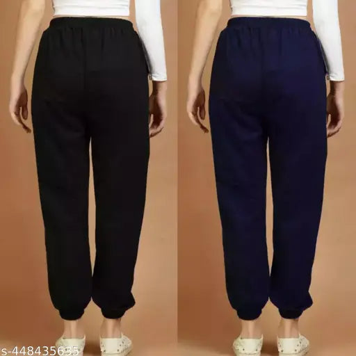 Black & Blue Combo Woolen Fleese Jogger Pants for Women's Winter Sports, deep side pockets, elastic waistband
