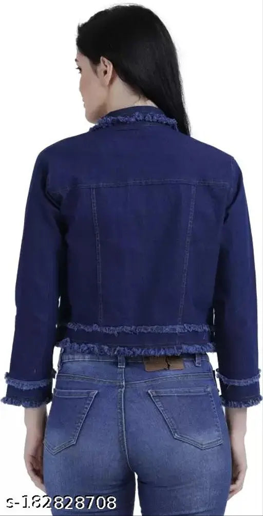 Fashionable and stylish women's solid pure denim jacket, dyed/washed, long sleeves, size S (bust 34in, length 21in), made in India