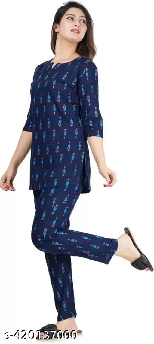 Cozy navy blue floral print rayon pyjama set for women, premium soft and breathable fabric for all-night comfort