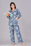 Women's rayon slub night suit set with three-quarter sleeves, printed net pattern. Set includes multiple sizes: M, L, XL, XXL, XXXL, 4XL, 5XL. Made in India