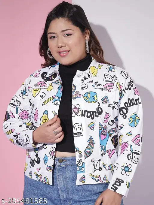 White cotton-blend printed women's jacket, long sleeves, plus size by Dimpy Garments. Collared, button closure, regular fit, and printed design on a 5'7 model wearing 3XL