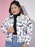 White cotton-blend printed women's jacket, long sleeves, plus size by Dimpy Garments. Collared, button closure, regular fit, and printed design on a 5'7 model wearing 3XL
