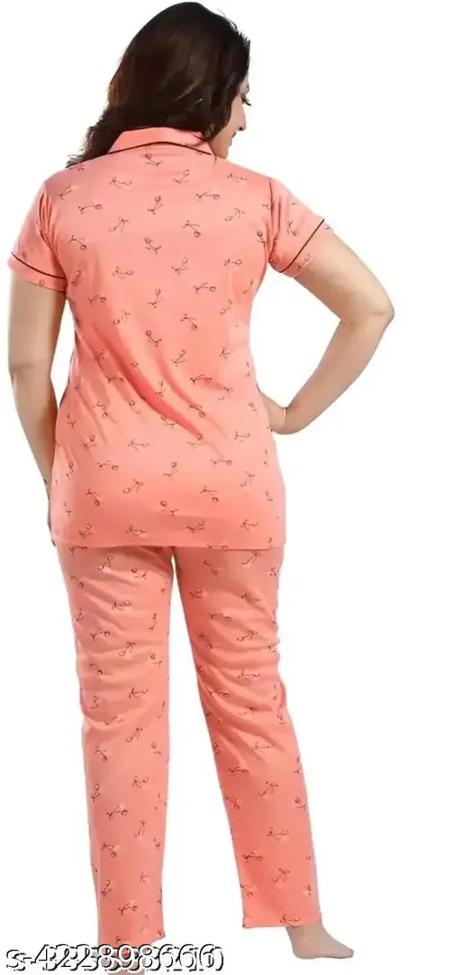 Hosiery-printed nightsuit, short-sleeved, hosiery fabric for sleepwear. [Color/Pattern not specified in title or description]