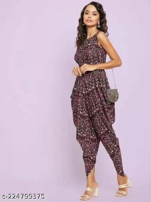 Pink crepe printed jumpsuit, sleeveless and round neck design for women's party wear. Convenient zipper closure, originating from India. #PinkJumpsuit #PrintedJumpsuit #CrepeJumpsuit #LongJumpsuit #SleevelessJumpsuit #RoundNeckJumpsuit #PartyWear #EffortlessStyle