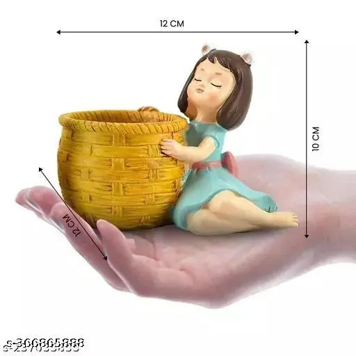 Yellow resin figurine of a thinking dreaming girl with basket showpiece for home, office, car, and desk decor, featuring an antique touch and suitable for birthday, wedding, and Valentine gifts. Hand-painted and suitable for mini succulents or cacti. Measures 10.5 cm in length, 9 cm in height, and 10.5 cm in breadth with a drainage hole and stopper on the bottom. Made in India