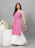 Pink cotton kurta with long sharara, V-neck