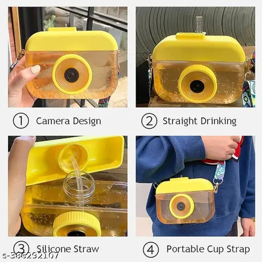 Lavender camera-shaped plastic sipper bottle for kids, 400ML capacity, leakproof and spill-proof design