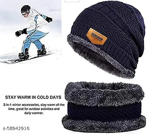 Wool winter beanie hat & scarf set, thick fleece lined for men and women