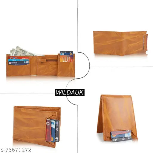 Tan PU leather travel wallet for men, regular size with 8 card slots and ATM card pocket, trendy formal design