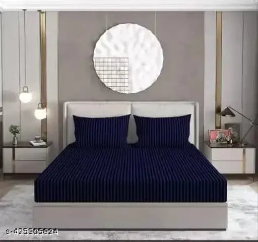 Glace cotton, fitted stripe double bedsheet & pillow covers (78x72"), superfine quality for home or hotel guest room (summer), Indian origin