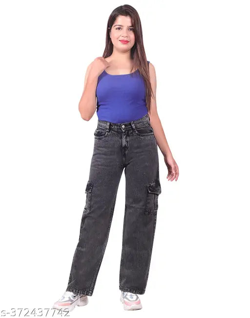 Dark wash cargo jeans with side pockets for women, medium rise