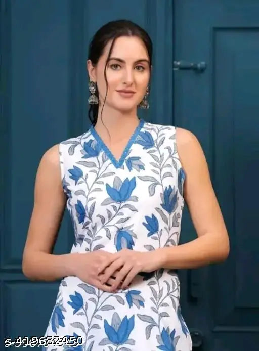 Rama Flower Cotton Kurta Set, Indian-printed sleeveless kurta & pants set in cotton blend for women