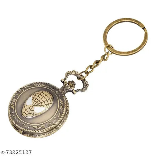Spider face design pocket watch keychain with round dial, antique style