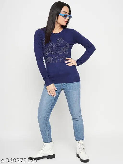 Camey Women's Woolen coco stone print round neck sweater, full sleeve, long sleeves, graphic pattern, versatile wardrobe essential for winter casual wear