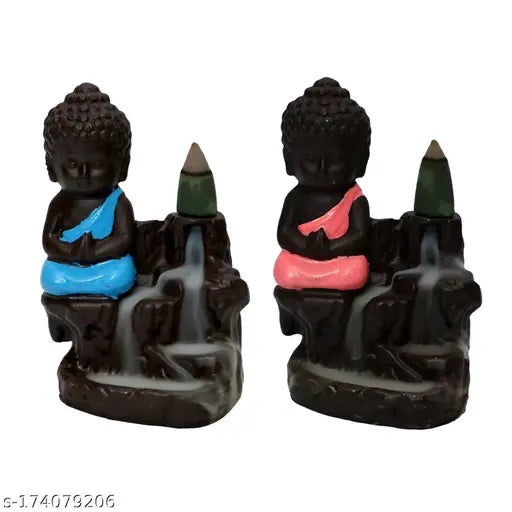 Handcrafted resin Meditating Monk Buddha Backflow Incense Combo, 12cm x 14cm x 10cm, creates a smokey waterfall effect with included 20 backflow cones