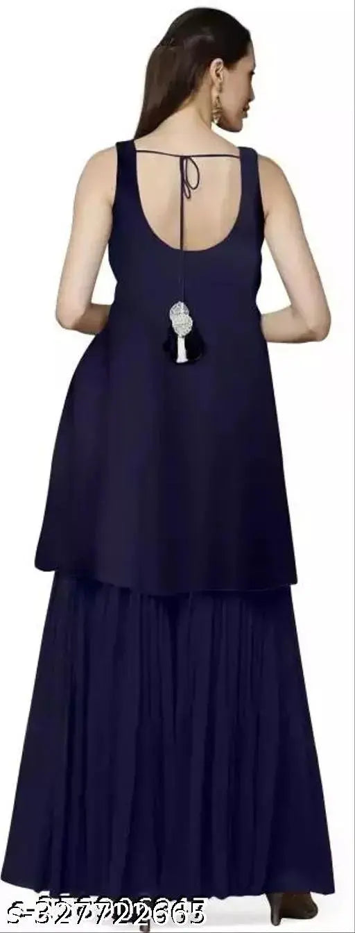 Navy blue, embroidered, round neck, sleeveless kurta with sharara bottoms