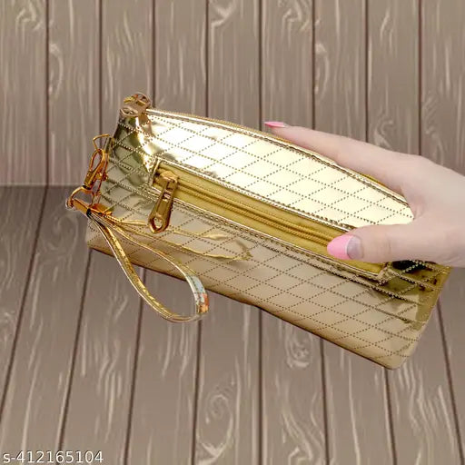 Golden clutch with zip closure, sleek design, perfect for parties and events