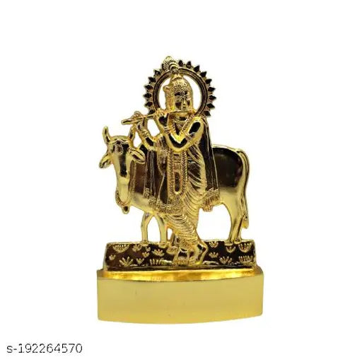 Yellow metal Krishna idol for car dashboard, home decor, office table showpiece - Authentic Indian Krishna statue (7cmx7cmx5cm)