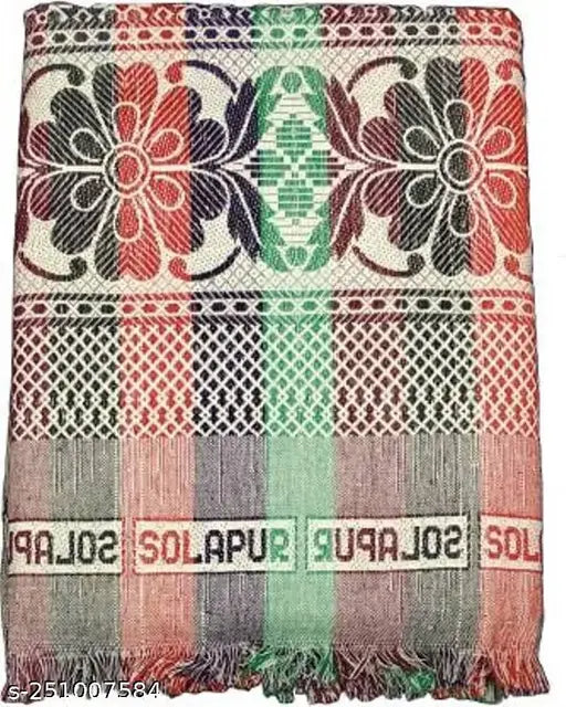 Ethnic Solapur chadar cotton bedspread, vibrant ethnic motifs pattern, free size (90in x 60in), Indian origin