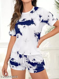 Comfortable dyed/washed nightdress T-shirt & shorts set, breathable hosiery fabric, elastic short sleeves, perfect for casual daily style