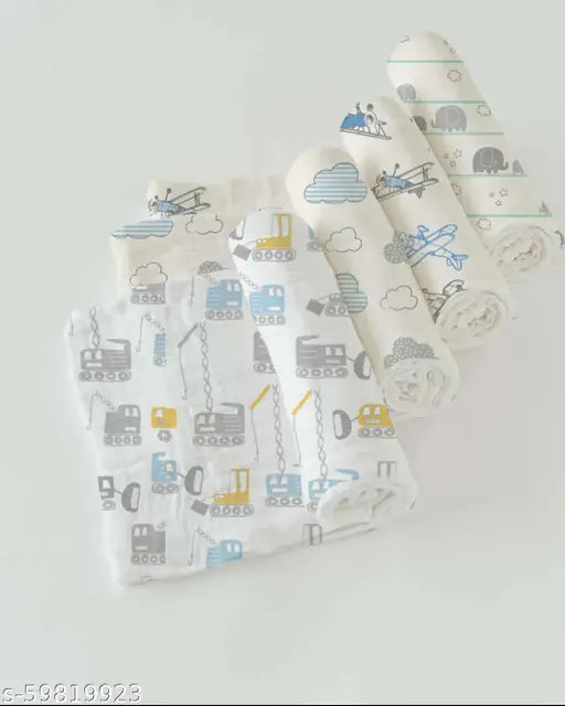 100 Cotton Muslin Swaddle - White with clouds and trucks, soft baby swaddle.