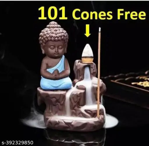 Resin Buddha backflow smoke fountain with 101 cone incense, Indian-made design for special occasions, 8cm x 12cm x 10cm