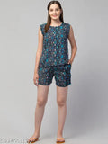 Aradhya stylish women's crepe nightsuit set, printed net tank top and shorts in various sizes (XS-XL), made in India