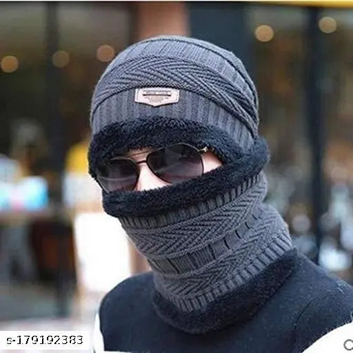 Warm and stylish unisex acrylic-wool winter beanie, skull cap, muffler set with faux fur lining - random color